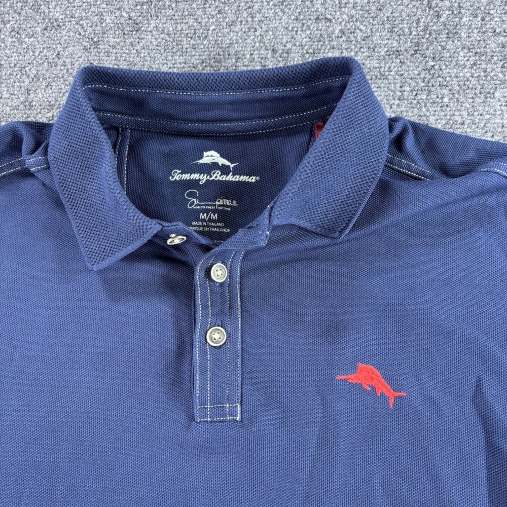 Tommy Bahama Polo Shirt Mens Medium Navy Blue Supima Cotton Blend Marlin Logo